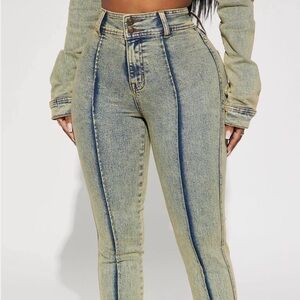 Fashion Nova High Rise Blue and Tan Jeans